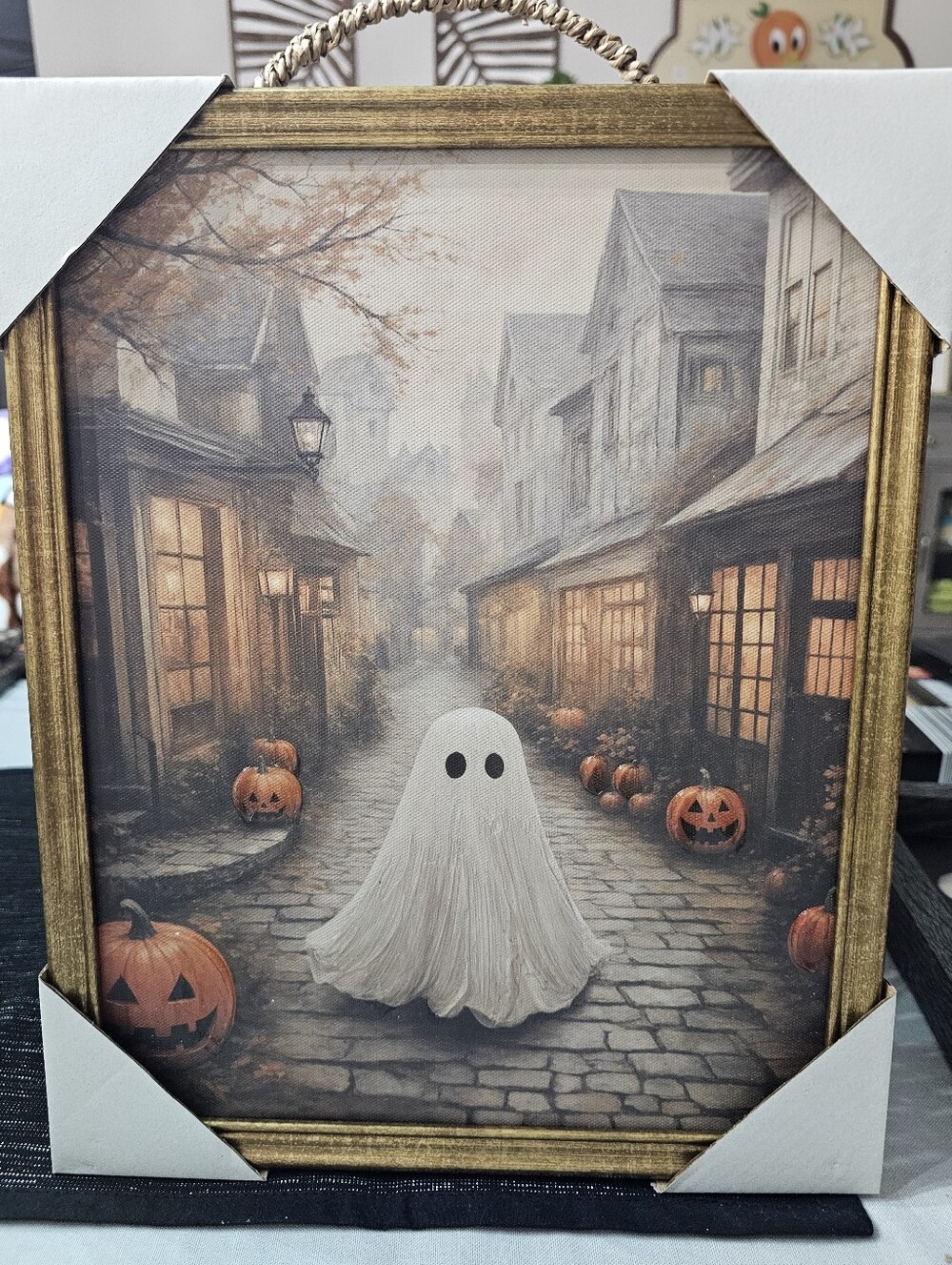 New! Halloween Framed Ghost Pumpkin Canvas Wall Art 11"x13"
